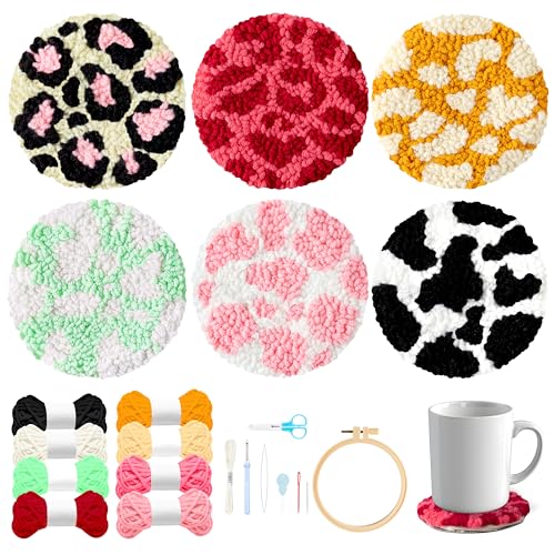 WATINC Spotted Punch Needle Coaster Kit - 22Pcs Crafts Punch Needle Coasters Kits for Beginners, 6 Colors Spotted Coaster Tufted Rug Pads with Adhesive Felt Yarns Embroidery Hoop Instruction