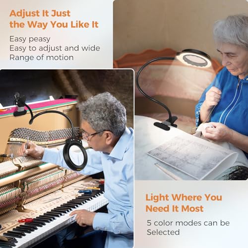 Magnifying Glass with Light and Clamp Desktop Bigger 10X Magnifier Desk Clip on Lamp for Close Work, Bed Book Reading,Crafting,Sewing, Soldering, USB (Black, 18.6 inch)