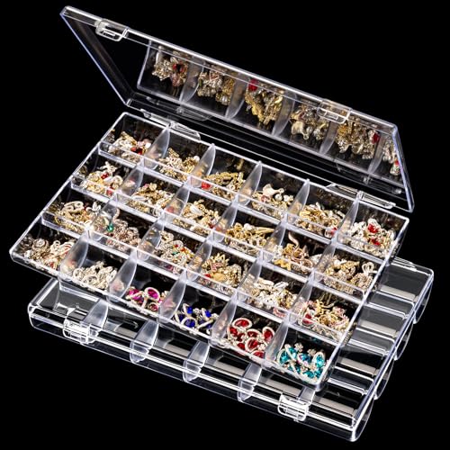 24 Grids Clear Plastic Bead Organizer Boxes with Hinged Lid & Dividers - size: 24 Grids - 2 Packs