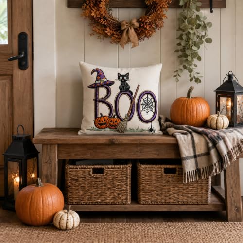 Halloween Witch Cat Pumpkin Linen Throw Pillow Cover 18x18 - color: Pa10061, size: 18" x 18" (Pack of 1)