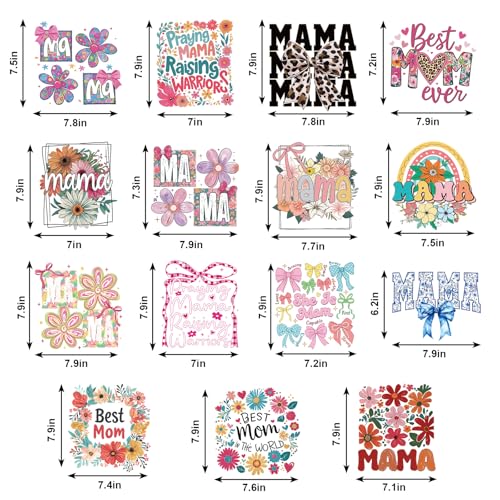 Whaline 15 Pcs Mother's Day Iron on Transfer Patches Heat Transfer Iron Patches Floral Bow Mama Flower Heat Transfers Vinyl Stickers for DIY Crafts Clothing Fabric