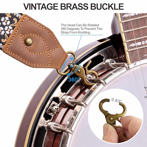Nefelibata Banjo Strap,2"Wide Double Crazy Horse Leather Jacquard Embroidery Strap Adjustable Replacement,Multi-pattern Strap With Metal Clips - color: A#-retro White Flower