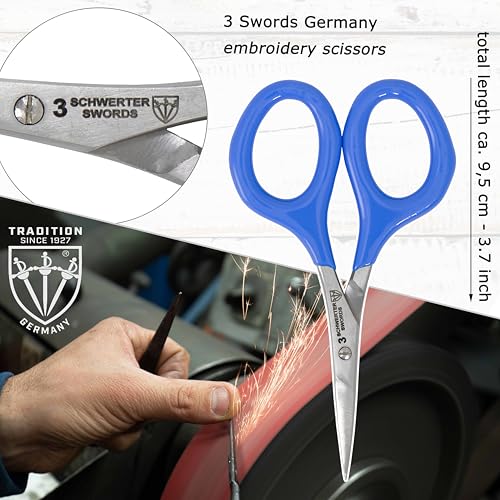 3 Swords Germany - Embroidery Scissors, Shears for Art Work, Daily Use in Household, Sewing, Art Work, Craft with Synthetic Leather case - blue/blue - color: Blue/Blue