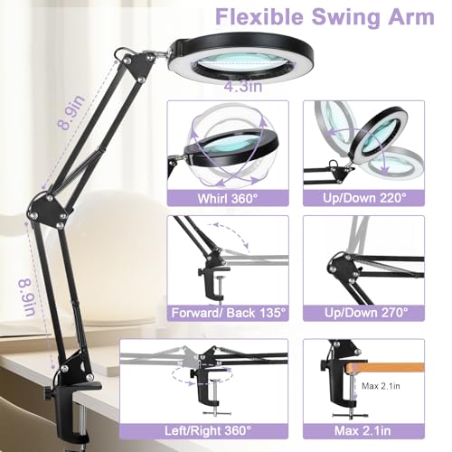 12X Magnifying Glass with Light and Clamp, Real Glass Lens Lighted Magnifier with Stand, 5 Color Modes LED Dimmable Magnifying Desk Lamp Hands Free for Crafts Jewelry Painting Sewing Close Work - color: Black, size: 12X 17.8inch Clamp