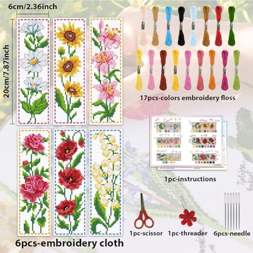 ACRNIGHEET 6PCS Cross Stitch Bookmark Kit for Beginner Flower Pattern Stamped Cross Stitch Kits for Adults Crossstitch Kits Adult Bookmarks with Instructions Hand Embroidery Craft Gift 8''x2.4'' 11CT - style: Floral patterns 1