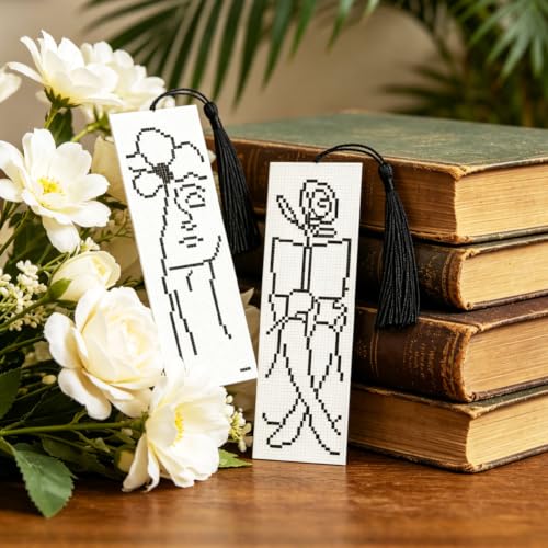 ACRNIGHEET 6PCS Cross Stitch Bookmark Kit for Beginner Stamped Cross Stitch Kits for Adults Abstract DIY Tassel Embroidery Bookmark Kits Needlepoint Kit with Instructions Craft Gift 8.5''x3'' 11CT - style: Abstract with Tassel