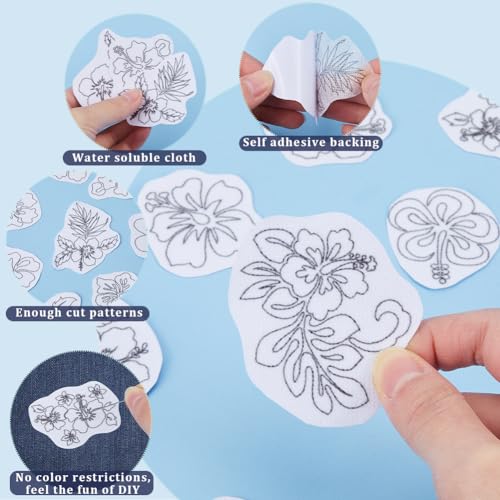 CRASPIRE 2 Sheets Hibiscus Flower Water Soluble Embroidery Patterns Stabilizers Tropical Hand Sewing Stick and Stitch Transfers Fabric Wash Away Pre-Printed Self Adhesive for Bags Cloth Sewing Lovers - style: 2 Sheets Hibiscus Flower