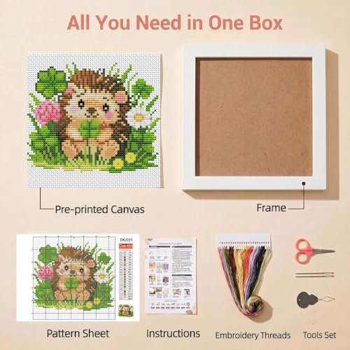 Hedgehog Clover Stamped Cross Stitch Kits for Beginners Adults with Framed - color: DKJ031