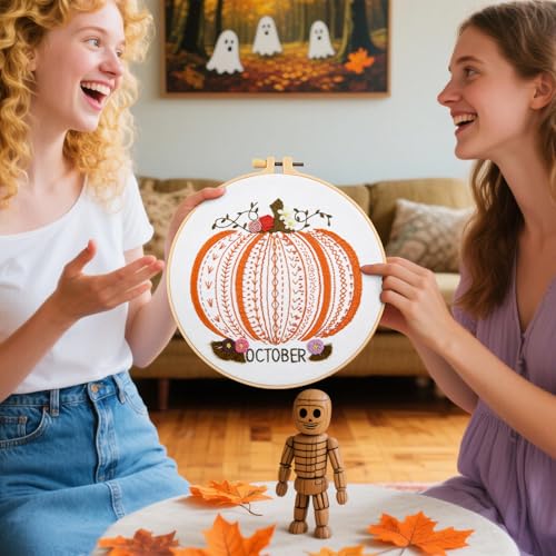 Easy Beginners Embroidery Stitches Practice Kits for Adults, Fall Pumpkin Embroidery Starters Kits for Beginners to Learn 26 Stitches, Autumn Hand Embroidery Set Craft for Women & Video Tutorial - color: H2032, size: 8Inch