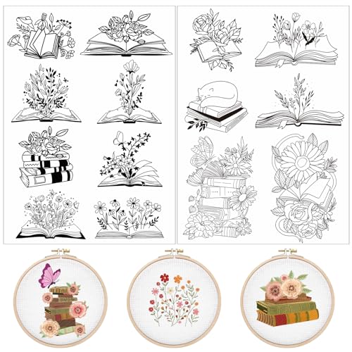 Water Soluble Embroidery Patterns Stabilizers - Rngmsi 2 Sheets Book Lover Stick and Stitch Embroidery Pattern Wash Away 14 Pcs Cat Flower Transfer Papers for Hand Sewing - color: Book Lover