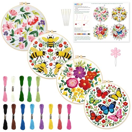 INFUNLY 4 Pack Pink Flowers Embroidery Starter Kit for Beginners Colorful Butterfly DIY Embroidery Kits for Adults Stamped Needlepoint Set with Step-by-Step Instructions Threads Craft Lover Gift - style: Pink Flowers