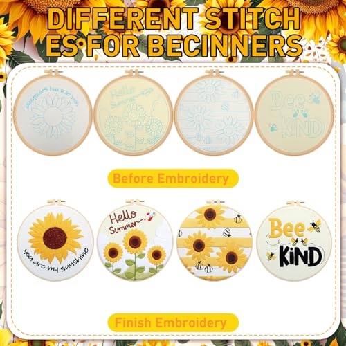 Riceshoot 8 Set Sunflower Embroidery Kits for Beginner Adults Bee Cross Stitch Kit DIY Needlepoint with Pattern Instruction, Hoop, Embroidery Fabric, Thread, Needle, Scissor, Gift for Home Decor - style: Sunflower