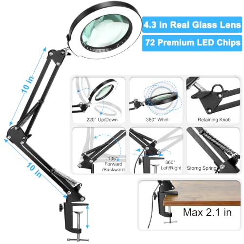 Coyeth 30X 10X Magnifying Glass with Light and Clamp, Real Glass Lighted Magnifier, 5 Color Modes Stepless Dimmable LED Desk Lamp Hands Free for Crafts Hobby Reading Painting Sewing Close Work Black - color: Black, size: 30X 10X 20inch Clamp