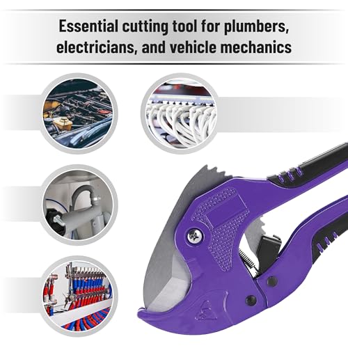 Bates- PVC Pipe Cutter, Cuts up to 1-5/8", Ratchet Pipe Cutter, PEX Cutting Tool for Cutting PEX, PVC, PPR Plastic Hoses and Plumbing Pipes, Purple - color: Purple