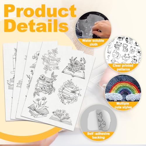 4 Sheets Water Soluble Embroidery Stabilizers 11.69x8.27 Inches Book and Flower Stick and Stitch Embroidery Paper Adhesive Embroidery Transfer Paper for Shirts Coats Bags - style: Book and Flowers