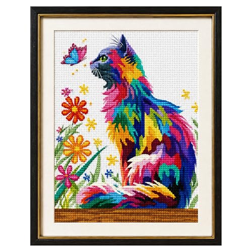 Zhenqing Playful Cat & Butterfly Cross Stitch Kit for Beginners - 11CT Printed 30x40cm Aida Cloth, Colorful Threads & Needle Included (No Hoop/Scissors) (66988) - color: Cat & Butterfly