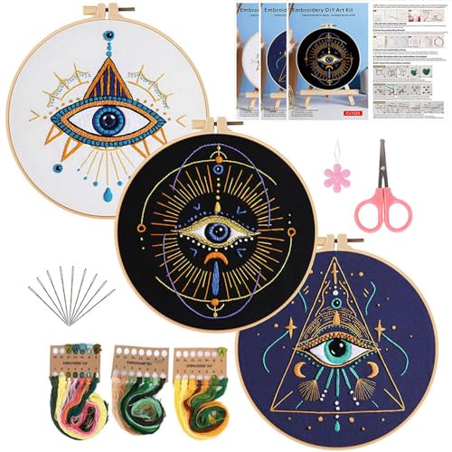 Konrisa 3 Pcs Embroidery Kits with Tarot Cards and Eyes Pattern, Stamped Embroidery Starter Kit for Beginners Adults Needlepoint Kits DIY Sewing Cross Stitch Practice Kit Home Decoration - color: eyes