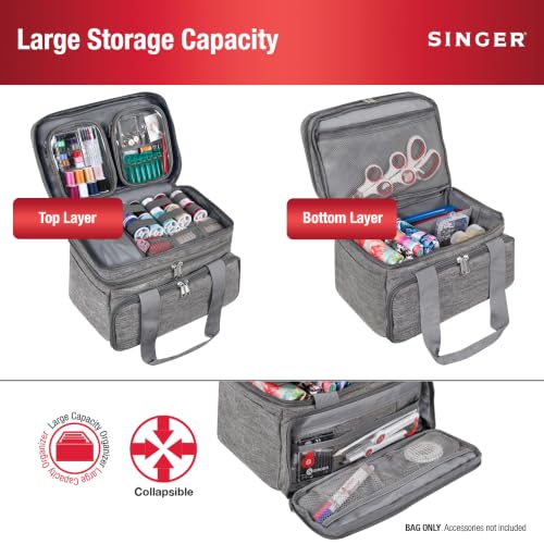 SINGER Sewing Accessories Organizer (Bag Only) – Double Layer Portable Sewing Storage Bag | 2 Detachable Pouches and 18 Compartments, Large Sewing Supplies & Crafting Carry-all (Gray) - color: Gray