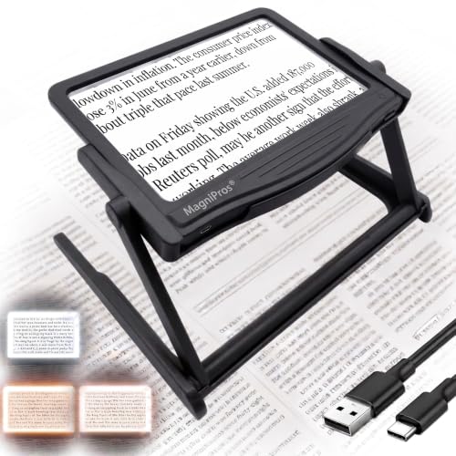 MAGNIPROS 5X LED Page Magnifying Glass, Detachable Stand, 3 Color Modes - color: Jet Black
