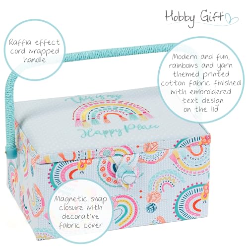 Hobby Gift Medium Sewing Box Organiser, Fabric Covered Storage Box with Handle, Internal Tray, Pin Cushion and Pocket for Sewing, Quilting and Knitting Supplies - color: Rainbow