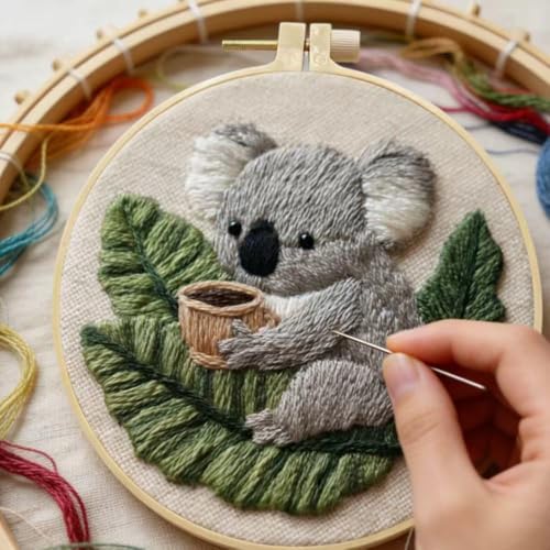 HCANPER Cute Koala Embroidery Starter Kit,DIY Needle Punch Kit, Punch Needle Kits for Beginners,Include Pre-Printed Fabric,Tools,Embroidery Hoop,Threads. (Coffee) - color: Coffee