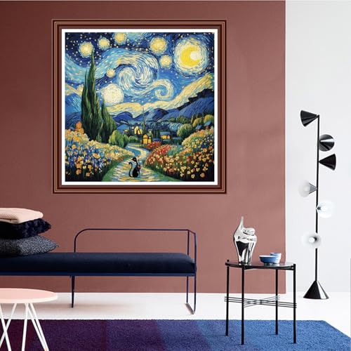 Dimensean Counted Cross Stitch Kit for Beginners, 11CT Unprinted Cross-Stitch Kit Easy Patterns Needlepoint Kit Cross Stitching Embroidery Kit Supplies-Van Gogh Starry Cat 18x18 inch - color: ColorDIY12