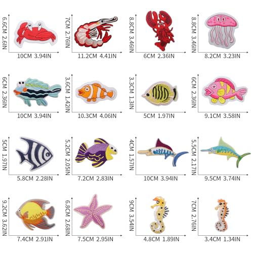 16pcs Sea Animal Iron/Sew on Patches, Cute Fish Embroidered Applique, Ocean Beach Decration for Clothes, Hat, Bag, Jeans, Dress, Shirt - color: 16pcs Sea Animal