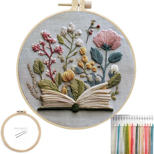 FONNUY Embroidery Kit for Beginners, Flower Book Pre-Stamped Pattern Kits for Adults with Hoop, Cross Stitch Easy to Follow Color Thread Needlework, 8'' Hoop (Green) - color: Green