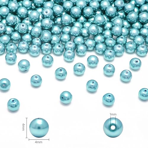 400PCs 4mm Lake Blue Glass Pearl Beads Bulk, Round Smooth Hole Fake Pearls for Jewelry Making, DIY Bracelets, Necklaces, Bag Charms, Keychains and Craft Supplies - color: Pearl - Lake Blue, size: 4MM