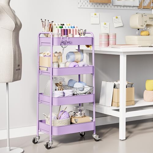TOOLF 4 Tier Metal Rolling Cart, Utility Storage Cart with Wheels, Purple - color: Purple, size: 4-Tier