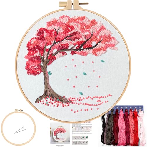 FONNUY Crewel Embroidery Kit for Beginners, Seasonal Tree Pre-Stamped Pattern Kits for Adults with Hoop, Easy to Follow Color Thread Needlework, 8'' (Pink) - color: Pink