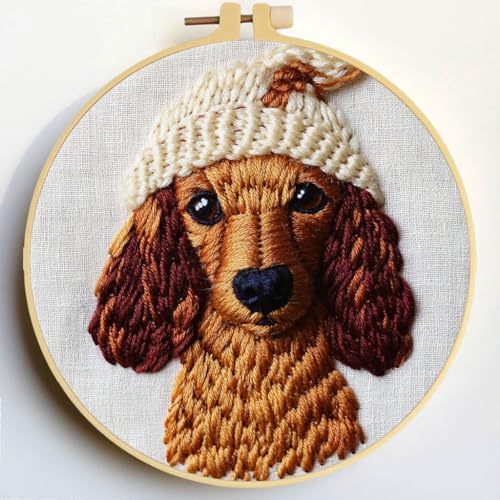 Punch Needle Kits Dachshund Dog Wear Hat 20x20cm-1
