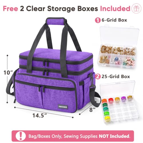 AMOIGEE Double Layer Sewing Organizer Bag with 2 Clear Storage Sewing Boxes - color: Purple