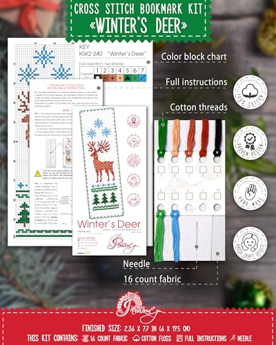 Povitrulya Winter Deer Counted Cross Stitch Bookmark Kit - DIY Embroidery Set with a Sampler Pattern of Reindeer and Snowflakes - Handmade Christmas, New Years Gift - color: Winter`s Deer