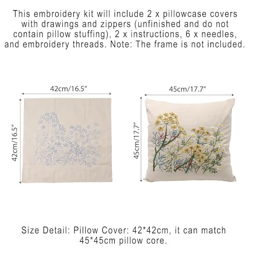 2 Set of Embroidery Pillow Kit Including Pillowcase Cover Cushion Case with Large Drawings and Zipper, Threads, Needles & Instruction Kits for Lace Crewel Craft, No Pillow Core (Lavender)