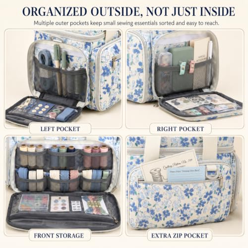 Lyhaxon Sewing Organizer Storage Bag, Double Layer Sewing Box Case - color: Blue Floral