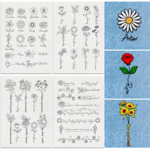 49Pcs Birth Month Flowers Water Soluble Hand Sewing Stabilizers, 8.3"x11.7" Floral Name Embroidery Pattern Stabilizer, 4 Sheets English Sentences Stick and Stitch Embroidery Paper Sticker
