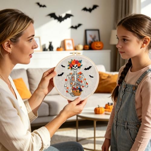 Halloween Embroidery Kits for Beginners Adults, Gothic Skeleton Embroidery Starter Kits, Halloween Cross Stitch Kits Needlepoint Kits for Adults Woman Gifts, Embroidery Hoop, Thread, Video Tutorial - color: H2101