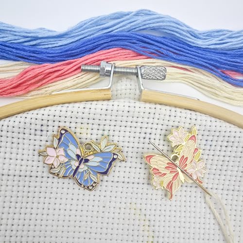 2 Pcs Needle Minder,Flowers and Butterfly Design for Cross Stitch, Enamel and Magnetic Sewing, Embroidery and Needlework Accessories