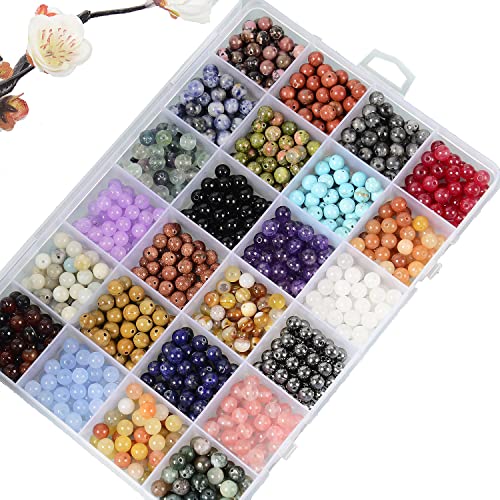 6mm Natural Mixed Materials Gemstones Beads Tiny Spacer Round Loose Beads Jewelry Making KIT with Thread 960 PCS(24 Natural, 6mm) - color: 24 Natural, size: 6mm