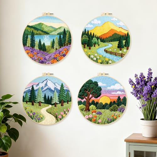 BEUNITONE 4 Set Forest Pattern Embroidery Kit for Adult Beginners Scenery Pre-Printed Designs Cross Stitch Kits, Needlepoint Kits for Adults, Handmade Embroidery for Home Decor 20x20cm - style: C-Forest Scenery