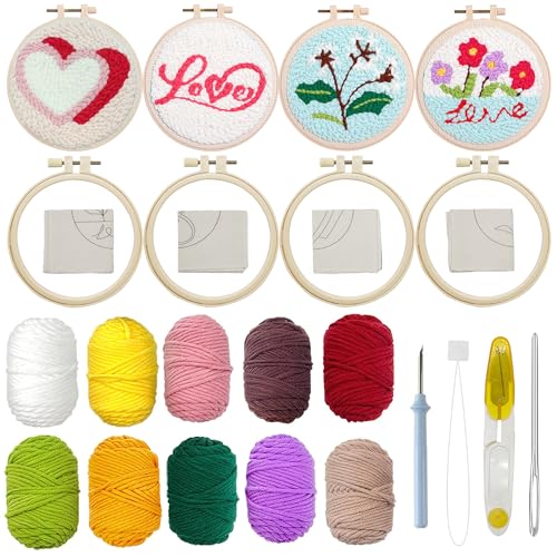 Allazone 4 PCS Punch Needle Kit, Embroidery Kit for Beginners Adults, Punch Needle Embroidery Kit, Handcraft Punch Needle Kits, Love and Flowers - color: love