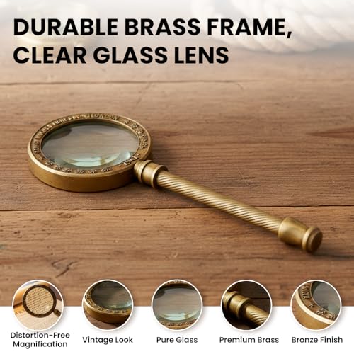 Brass Manifer Magnifying Glass with Leather Storage Case, Handmade Magnifying Lance, Vintage Look, Antique Style, Reading, Low Sight Elderly, Collectible - style: Brass Handel with Leather Case