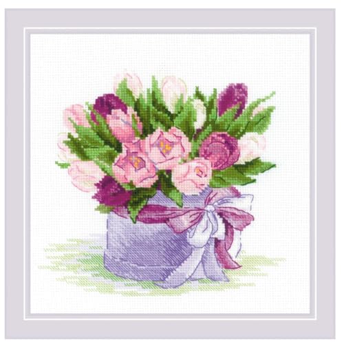 RIOLIS - Tulips Hat Box 2003, Floral Cross Stitch Kits 7¾"x7¾, Cross Stitch Kits for Beginners & Advanced, Crossstitching Kits Adult, Counted Stitching Kits, Flowers Embroidery Kit - style: Tulips Hat Box 2003