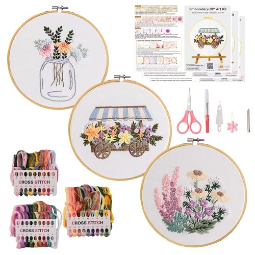 Looples Embroidery Kit for Beginners and Adults with Video Tutorials – DIY Starter Kit with 3 Stamped Floral Patterns, Hoops, Threads, Needles, and Instructions - Cart, Glass Jar, and Flowers - color: Cart, Jar and Flowers