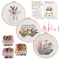 Looples Embroidery Kit for Beginners and Adults with Video Tutorials – DIY Starter Kit with 3 Stamped Floral Patterns, Hoops, Threads, Needles, and Instructions - Cart, Glass Jar, and Flowers - color: Cart, Jar and Flowers