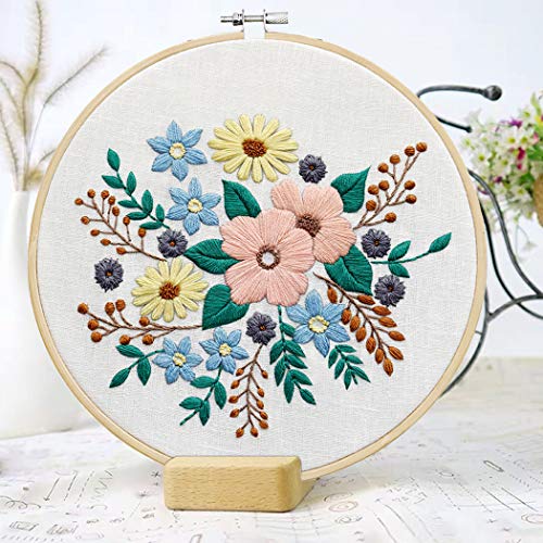 KISSBUTY Embroidery Starter Kit with Pattern, Stamped Embroidery Cloth, Bamboo Hoop, Color Threads Needle Kit (Floral)