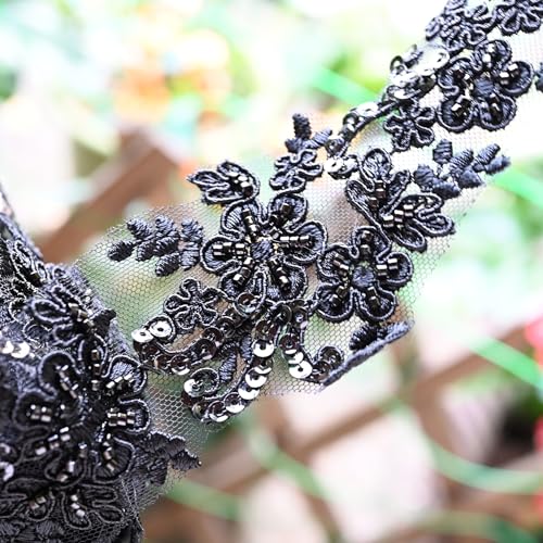 6cm*2yards Ivory White Luxury Beaded Embroidery Flower lace Appliques for Wedding Dresses Rhinestone Applique Patches Embroidery lace parches ropa (Black Color) - color: SPXB-TV0091BCL-2y-black