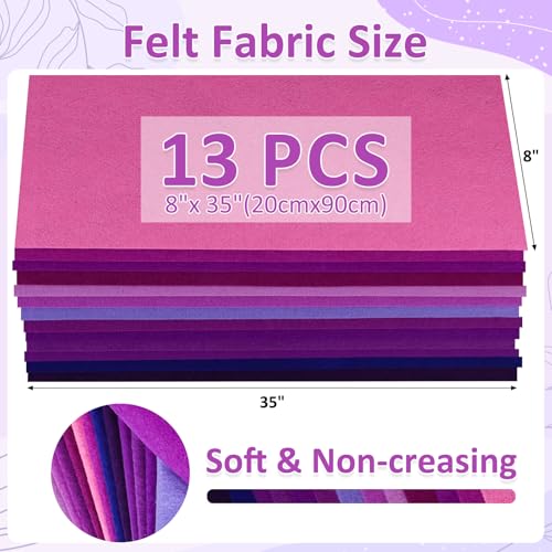 XSEINO 13 Rolls 8"x35" 1.4mm Thick Soft Felt Fabric Sheet 13 Assorted Purple Series Colors Felt Pack for DIY Craft Sewing Squares Nonwoven Patchwork - color: Purple Hues