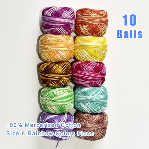Crochet Thread 10 Balls Cardinal Size 8 for Crochet Hardanger Cross Stitch Needlepoint Hand Embroidery (Variegated Light Colors Series) - color: Variegated light colors